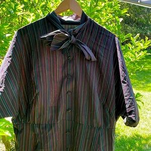 Vintage handcrafted Dress XL Black with colorful stripes and tie bow at neckline